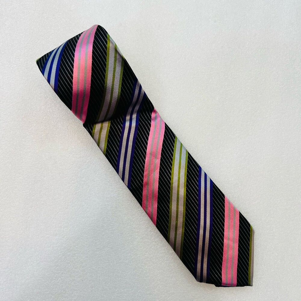 Santorelli Necktie Designer Silk Striped Gray Purple Hand Made Skinny